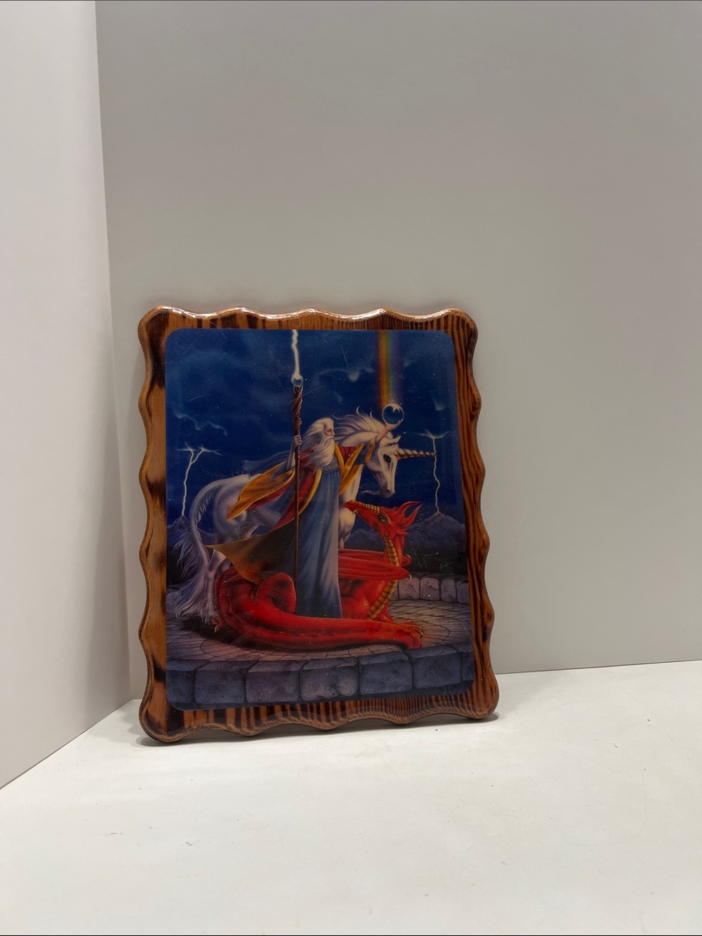 Fantasy Wizard and Dragon Wall Art Plaque in Blue and Red